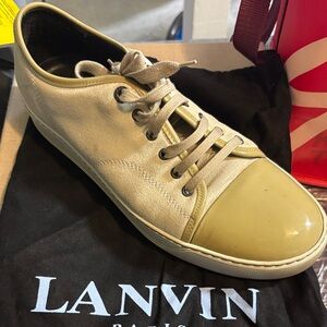 Lanvin Men’s Beige Canvas Sneaker with Glossy Beige Toe Cap